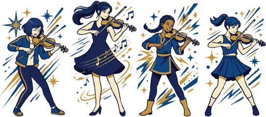 Four cartoon girls playing violins together. © Kicun