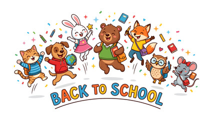 Fototapeta premium Back to School Fun: A whimsical illustration features a cheerful group of anthropomorphic animals, including a cat, dog, rabbit, bear, fox, owl, and mouse.