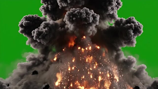 Explosive fireball erupts from ground, followed by thick black smoke and debris, creating a dramatic scene against a green screen background