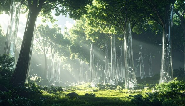 A luminous, ethereal forest scene with stylized, glassy trees bathed in sunlight