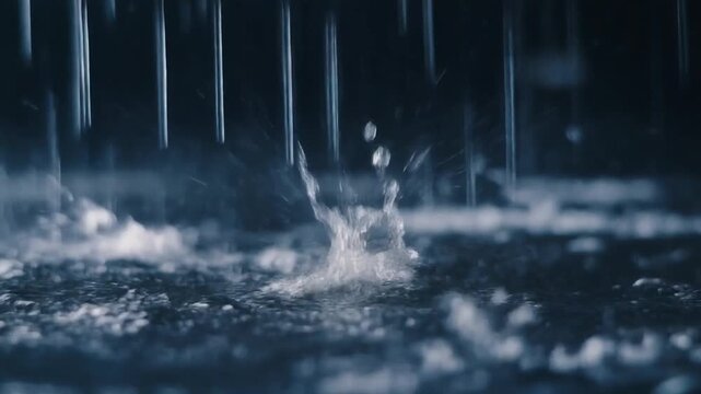 Macro close up of heavy rain falling on a dark surface with dramatic splashing water droplets, concept of purity, freshness and serenity.