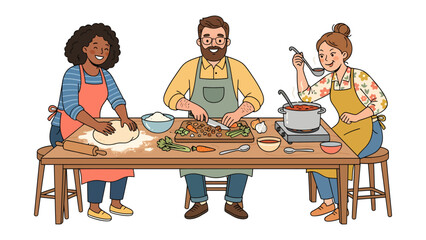Culinary Collaboration: Three smiling people of diverse backgrounds happily prepare food together in a kitchen, demonstrating the joy of shared cooking and healthy living.