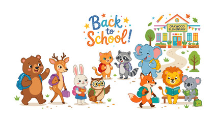 Obraz premium Back to School Animals: A whimsical collection of anthropomorphic animal students, including a bear, deer, rabbit, owl, fox, lion, koala, elephant, and raccoon, embark on their first day of school.