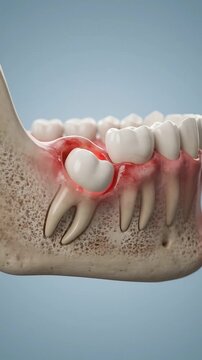 Wisdom tooth inflammation 3d dental model showing pain swelling around molar gum bone impacted tooth oral health jawbone structure detailed medical education awareness