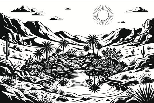 Desert Oasis Landscape Illustration: Palm Trees, Cactus, Mountains, and Water