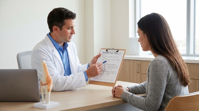 Medical Doctor Explaining a Knee Treatment Plan to a Young Female Patient in a Modern Clinic Office Setting