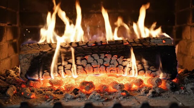 Burning log in fireplace with flames and glowing embers, showcasing the warmth and ambiance of a cozy indoor setting during winter evenings