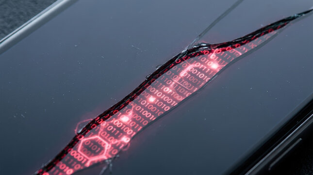 Cracked smartphone screen reveals digital binary code symbolizing cybersecurity threats and data vulnerability in modern technology systems