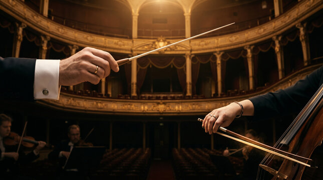 Conductor Leading a Classical Symphony Orchestra in a Grand Theatre