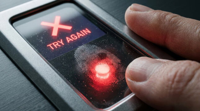 Fingerprint scanner with red light indicating access denied and try again message showing cybersecurity threats risk