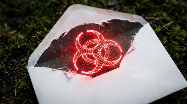 Torn envelope reveals glowing red biohazard symbol representing cybersecurity threats and risks in digital communication and data protection
