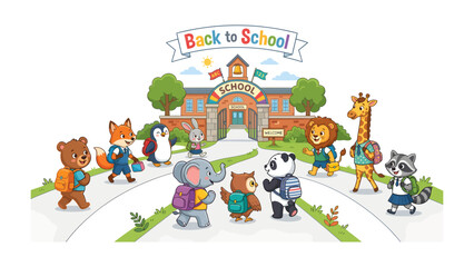 Naklejka premium Back to School Animals: A delightful illustration depicts a charming group of anthropomorphic animals, including a bear, fox, penguin, rabbit, elephant, owl, panda, lion, giraffe, and raccoon.