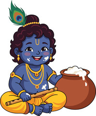 Cute baby lord Krishna eating butter from a clay pot holding flute with peacock feather on head vector illustration for happy Janmashtami Hindu festival celebration background. © VectaNoor