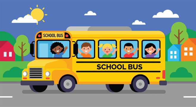 Happy diverse children riding a yellow school bus on their way to school with a driver in sunny day town landscape vector illustration for back to school educational background.