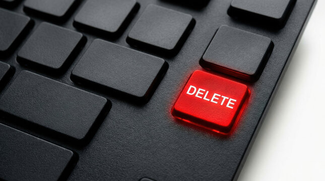Delete key black keyboard highlights cybersecurity threats with red button symbolizing urgent action to remove digital risks and protect data