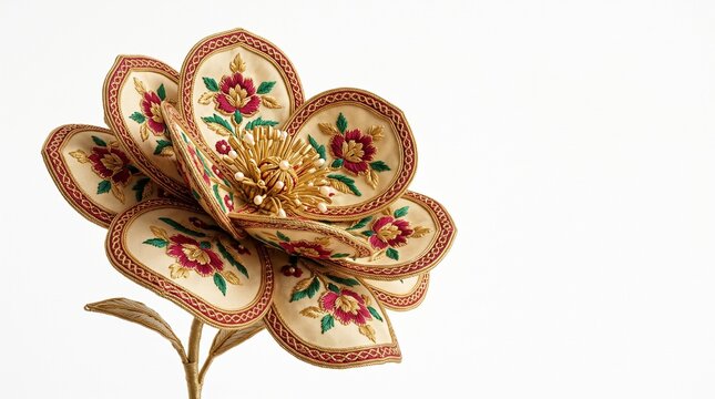 Embroidered silk flower with red and green petals