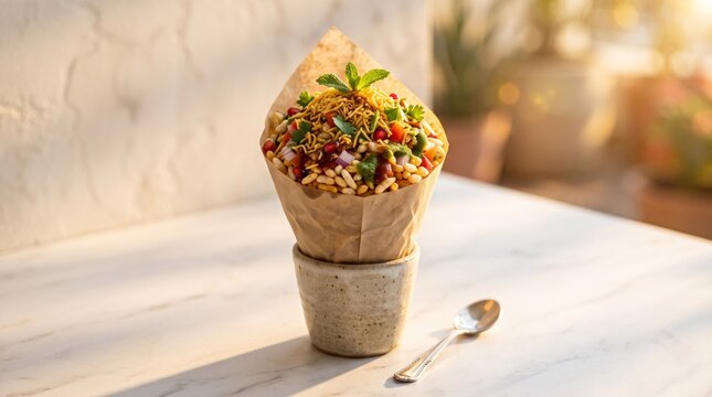 Traditional Indian street food presentation of Bhel Puri served in a rolled paper cone. The snack features a spicy and tangy mix of puffed rice, crunchy chickpea noodles, and fresh cilantro.