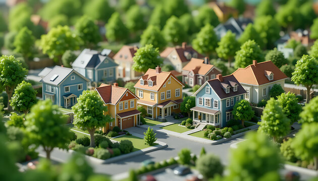 Close-up of a suburban neighborhood model showing colorful two-story houses with sloped roofs surrounded by green trees and lawns along clean streets