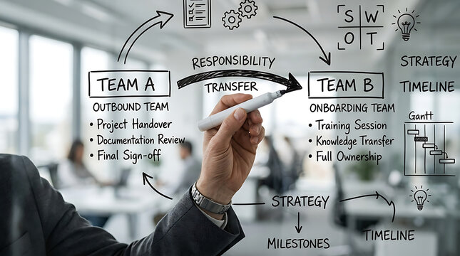 Hand drawing a business process flow for responsibility transfer between Team A and Team B on a glass board, illustrating project handover and knowledge transfer.