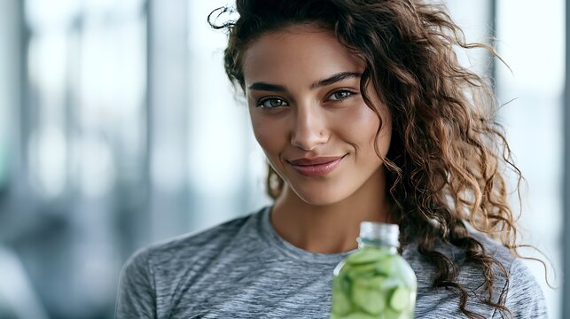 Prompt: A realistic corporate lifestyle shot of a fitness-focused young adult smiling softly while holding a refreshing infused cucumber water bottle after a workout. Shot on an 85mm prime lens, 