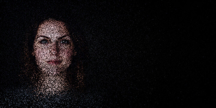 Digital ID Portrait of English Woman with Face made up of Numbers and Symbols. Pseudonymization Concept with copy-space.