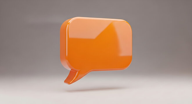 Glossy orange speech bubble icon floating on neutral background, 3d rendering