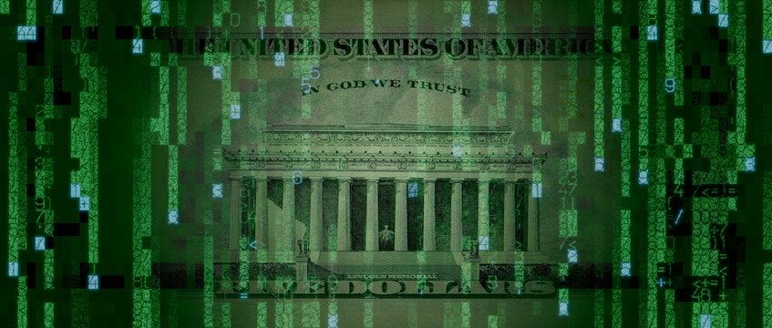 Electronic Cash Concept with Five Dollar Bill made from Numbers and Symbols. Futuristic Finance Wallpaper.