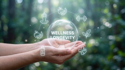 Obraz premium Holistic wellness and longevity concept represented by digital health icons in cupped hands