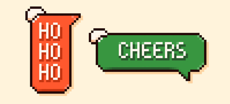 Pixel art Joy and ho-ho-ho speech bubbles. White text on red and green backgrounds with snow flake.