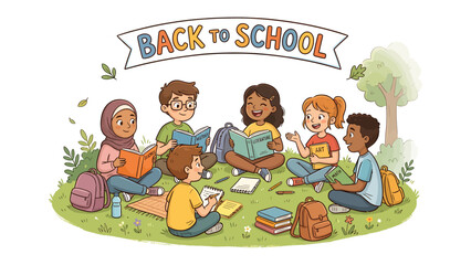 Fototapeta premium Back to School Circle: A diverse group of children sits in a circle on the grass under a Back to School banner, reading books and engaging in cheerful conversation.