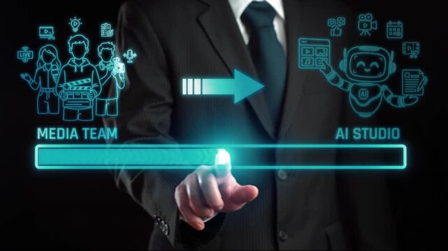 Hand of Businessman Touching Virtual Interface of Media Team and AI Studio with Icons Representing Creative Collaboration and Modern Technology. Liminal.
