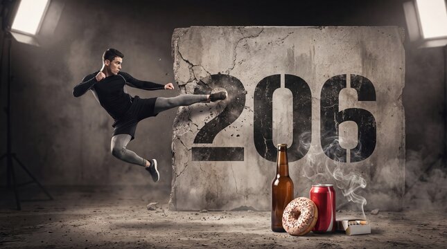 Athletic man kicking concrete wall with number 206 beside unhealthy lifestyle choices with junk food
