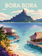Naklejka premium High end travel poster of Bora Bora featuring an iconic mountain island turquoise lagoon and overwater villas in a refined flat vector style with a soft pastel palette and elegant editorial design