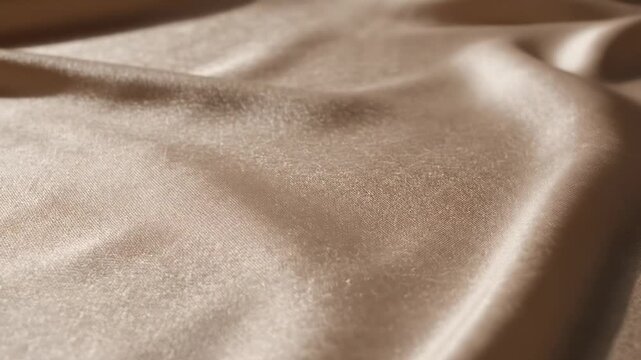 Smooth, shimmering beige fabric drapes gracefully across a surface, showcasing subtle folds and textures in a well-lit indoor setting with soft shadows