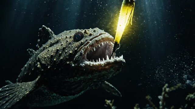 Scary deep sea monster fish approaching a glowing lure in dark ocean depths