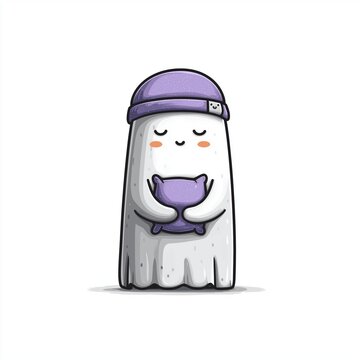 A sleepy ghost character holds a purple mug with closed eyes, useful for Halloween, bedtime, cozy stickers, wellness, or children&rsquo;s products.