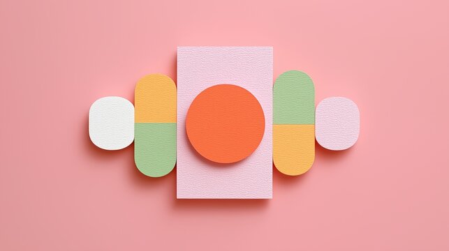 Pastel paper shapes surround an orange circle on pink, useful for packaging, cosmetics, branding, stationery, or abstract editorial layouts.