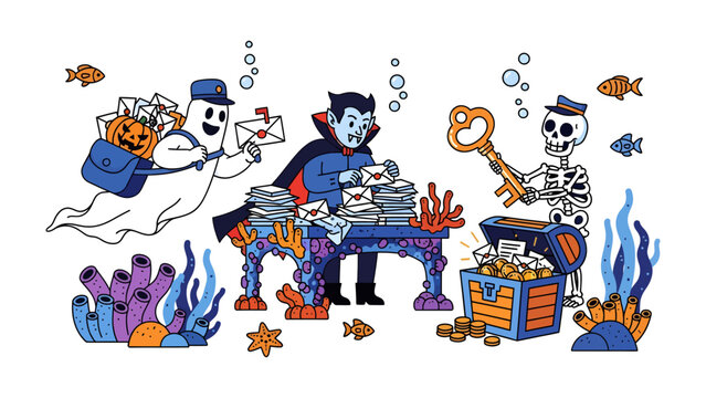 Halloween Underwater Mail: A whimsical scene unfolds beneath the waves, where a ghostly figure delivers mail to a vampire sorting letters, while a skeleton guards a treasure chest filled with coins.