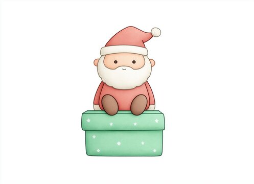 A cute Santa character sits on a mint gift box, useful for Christmas cards, holiday retail, children&rsquo;s products, or seasonal packaging.