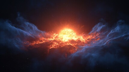 Fototapeta premium A fiery orange glow breaks through dark blue clouds, suited for disaster, science fiction, energy, climate, or dramatic editorial visuals.