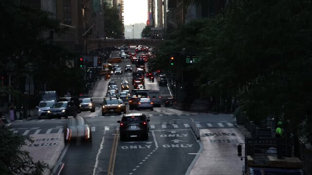 view down 42nd street in manhattan new york city skyline view (iconic skyscrapers) road cars drive sunset commercial business buildings center construction 2nd avenue travel tourism usa america famous
