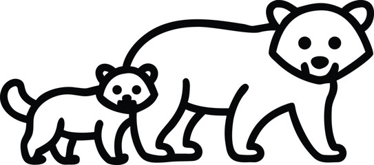 Adult Bear Walking Together with Cute Baby Bear Cub Black and White Line Art Illustration © Md