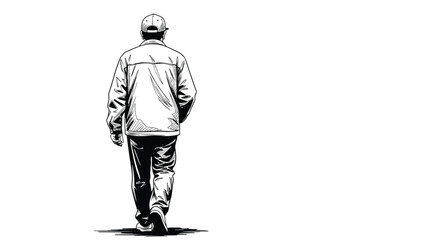 Fototapeta premium Silhouette of a man wearing a cap and jacket is shown walking away from the viewer in a detailed black and white ink sketch style.