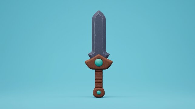 A stylized fantasy sword with an eye jewel stands upright on turquoise floor, suited for game assets, adventure stories, or mascot branding.