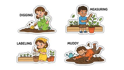 Fototapeta premium Gardening Fun: A vibrant collage depicts children engaged in various gardening activities – digging, measuring plants, labeling seedlings, and playing in the mud, celebrating outdoor fun and learning.