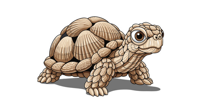 Creative illustration of a turtle features a shell made of multiple overlapping seashells in a detailed and colorful artistic style.
