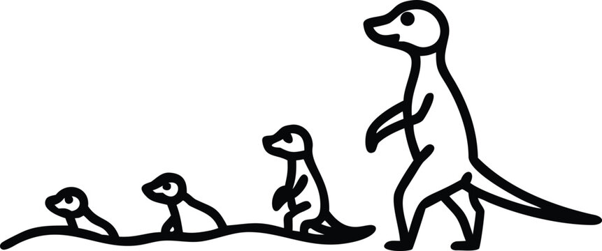Cute Meerkat Family Group with Adult and Baby Meerkats Standing on Hind Legs Black and White Line Art Illustration