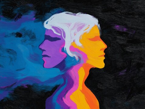 Two stylized profiles face opposite directions in blue and orange, suited for psychology, identity, mental health, or editorial themes.