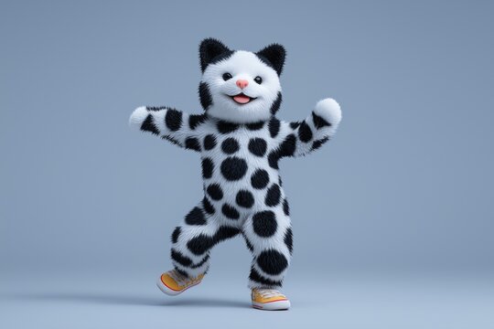 A cat-like mascot wears a black spotted costume with orange shoes, useful for children&rsquo;s products, party graphics, toys, or playful branding.