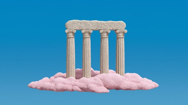 Surreal 3D classical columns sit on a pink cloud against blue sky, useful for fantasy branding, history themes, or dreamy editorial layouts.